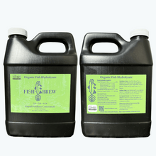 Load image into Gallery viewer, Fish Brew OMRI listed Organic Fish Hydrolysate Fertilizer 2.0-3.0-0.2 Front and Back 32 oz bottles
