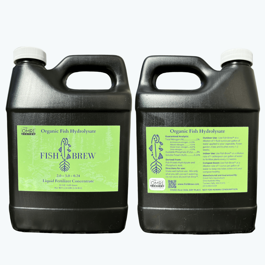 Fish Brew OMRI listed Organic Fish Hydrolysate Fertilizer 2.0-3.0-0.2 Front and Back 32 oz bottles