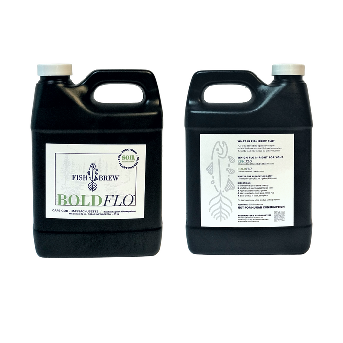 Gallon and Quart sized bottles of Fish Brew Bold FLO Soil Conditioner/Living Soil Microbes/Plant Probiotics, Derived from Fish Manure