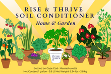 Load image into Gallery viewer, Gallon label for FishBrew Rise and Thrive soil conditioner. Beneficial plant probiotic microbes for improving home and garden soils.
