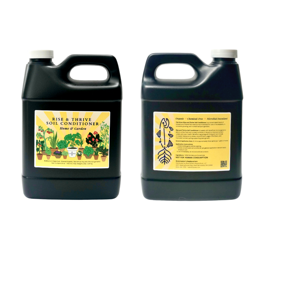 Quart bottle of FishBrew Rise and Thrive soil conditioner. Beneficial plant probiotic microbes for improving home and garden soils.